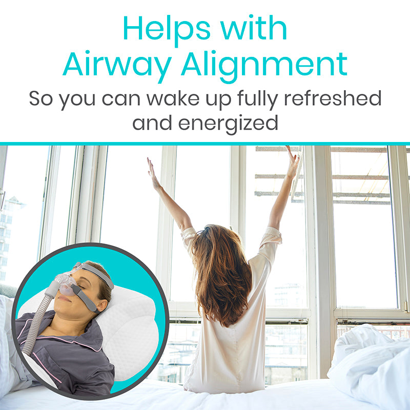 Woman waking up refreshed with a CPAP device, text about airway alignment.