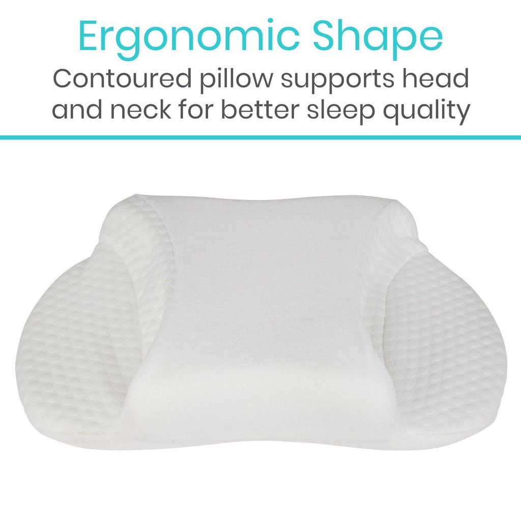 Ergonomic shape pillow with text on a white background