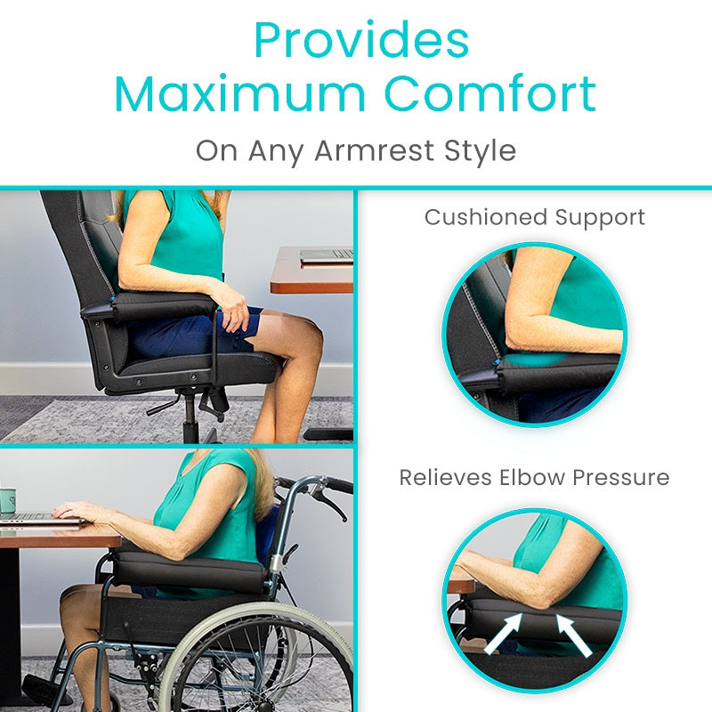 Product advertisement showing cushioned armrest support for office chairs and wheelchairs, emphasizing comfort and pressure relief.
