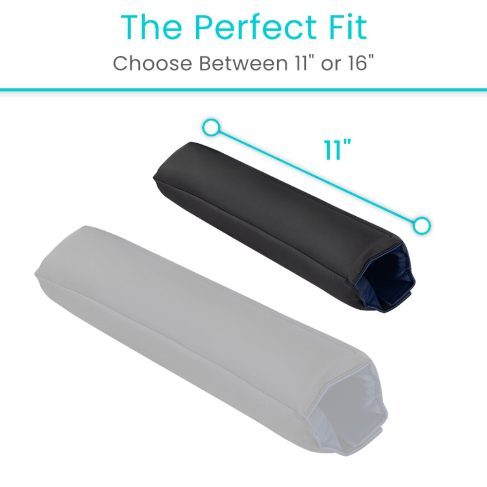 Two rectangular cushions, one black and one gray, with measurements indicated on a white background.