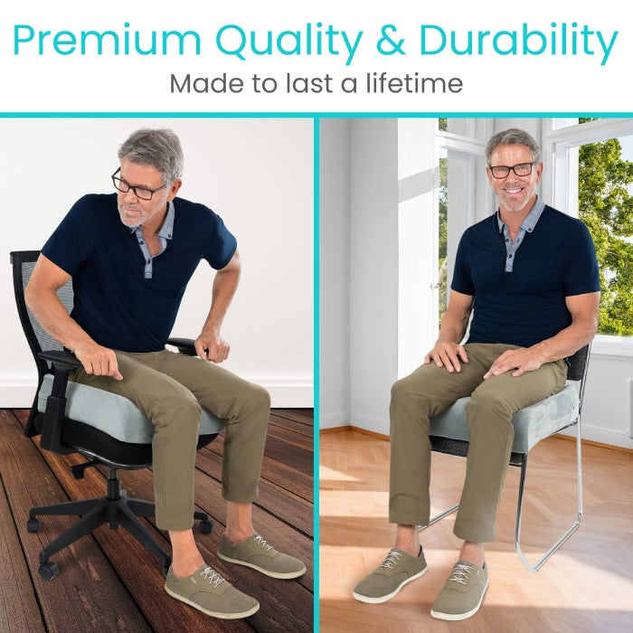 Man using a chair with text 'Premium Quality & Durability' on a white background