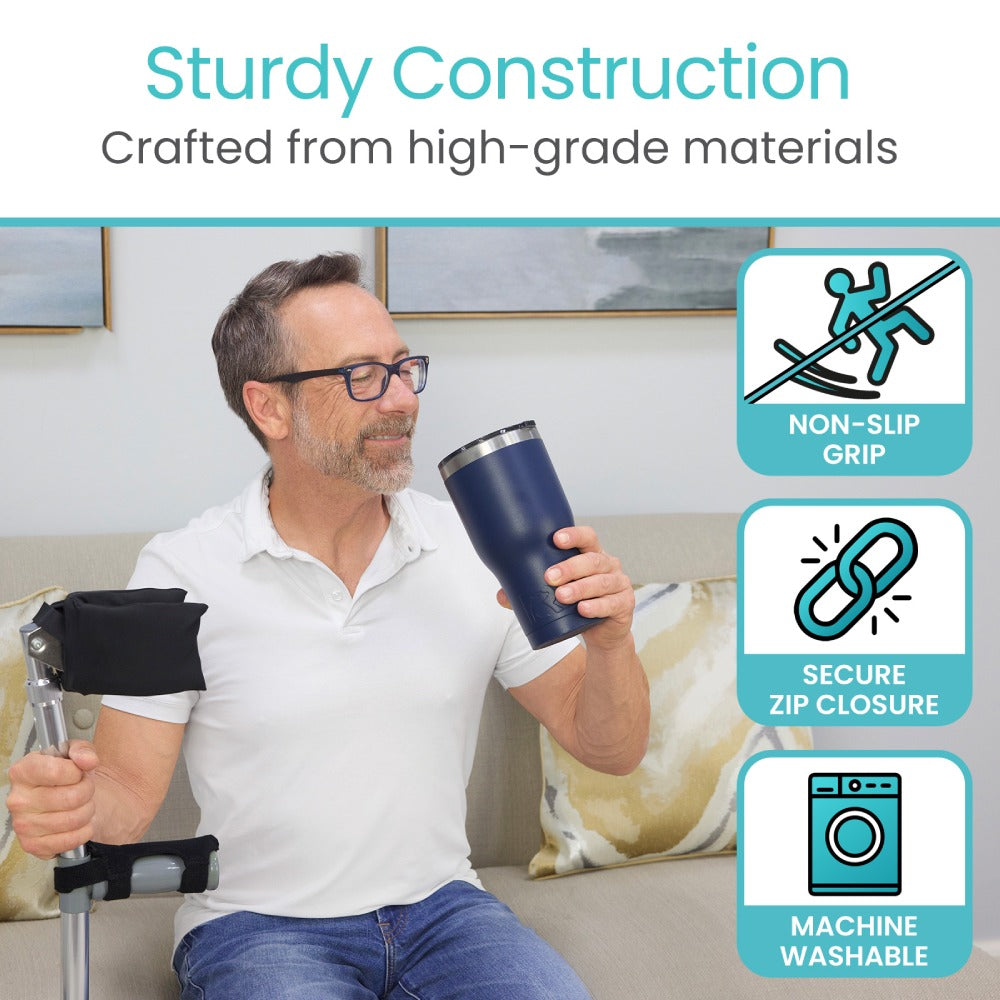 Man holding a blue travel mug with icons indicating non-slip grip, secure zip closure, and machine washable feature.
