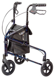 Blue walker with wheels and a bag on a white background