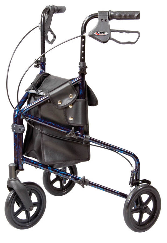 Blue walker with wheels and a bag on a white background