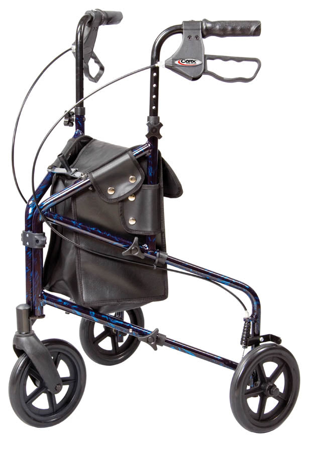 Blue walker with wheels and a bag on a white background