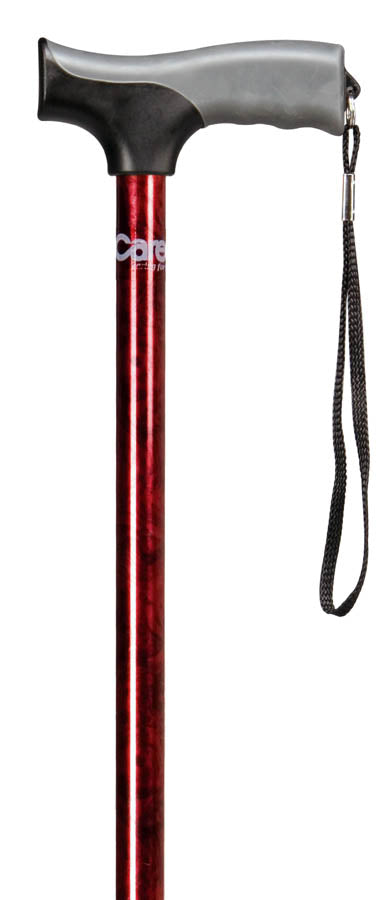 Red walking cane with gray handle and lanyard on a white background