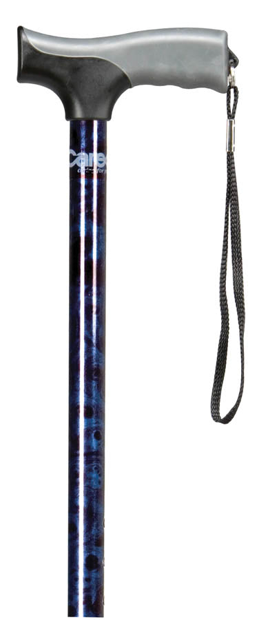 Cane with blue patterned shaft and gray handle on a white background