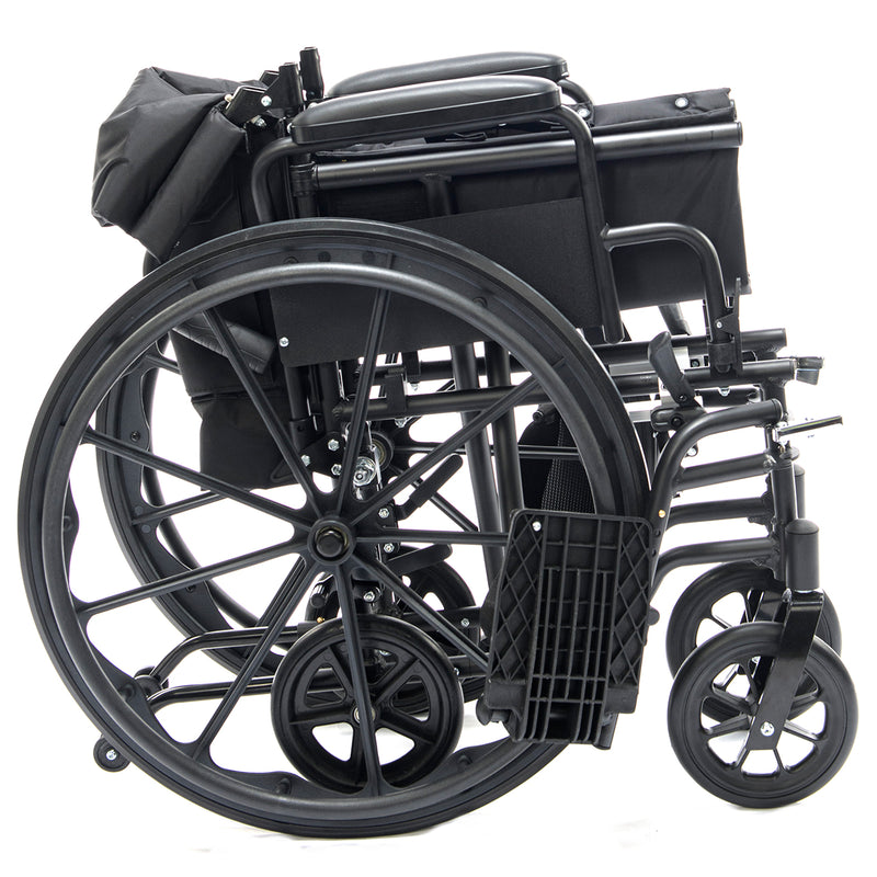Black wheelchair with folded legs on a white background