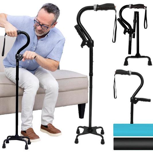 Man using a black adjustable cane with multiple views of the cane on a white background.
