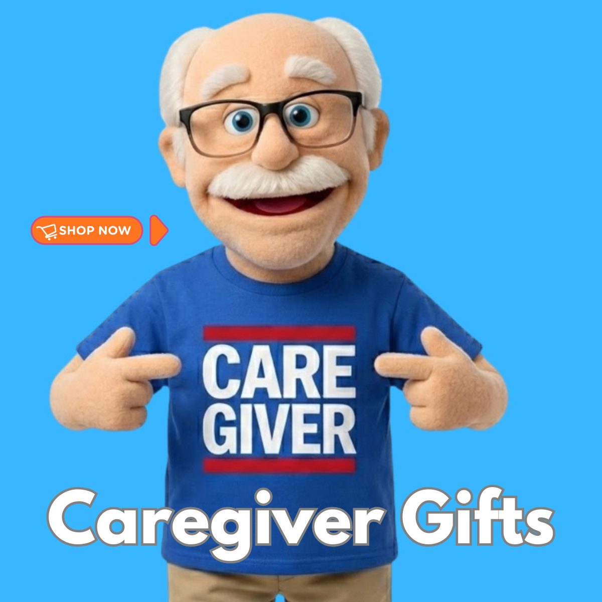 Puppet wearing a blue 'CARE GIVER' t-shirt with a 'SHOP NOW' button on a blue background.