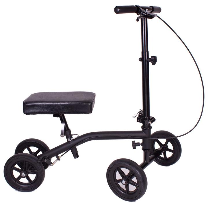Black knee scooter with wheels on a white background