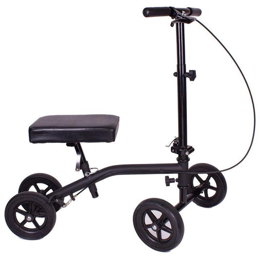 Black knee scooter with wheels on a white background