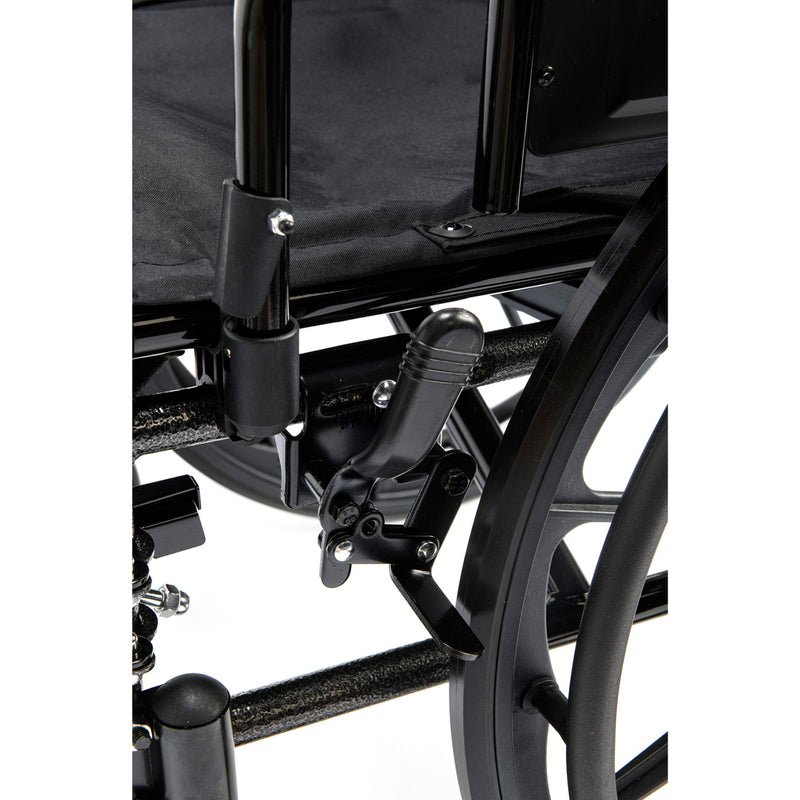 Close-up of a black wheelchair with visible components on a white background