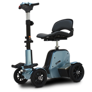Blue mobility scooter with a seat on a white background