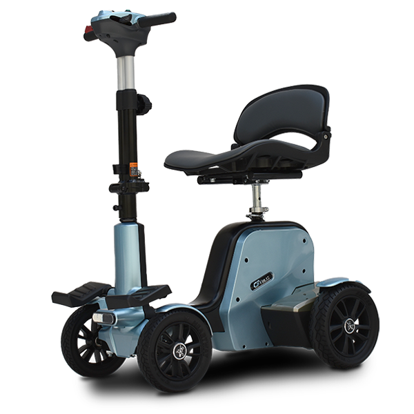 Blue mobility scooter with a seat on a white background