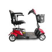 Red and black mobility scooter with a basket on a white background