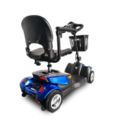 Blue and black mobility scooter with a seat and basket on a white background
