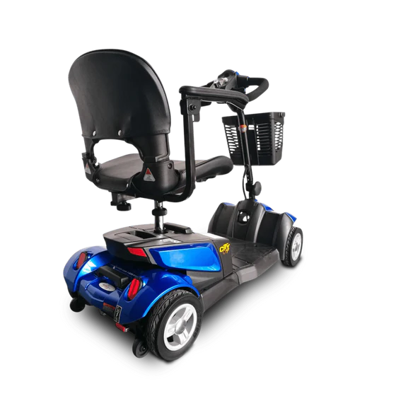 Blue and black mobility scooter with a seat and basket on a white background