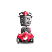 Red mobility scooter with a black basket on a white background