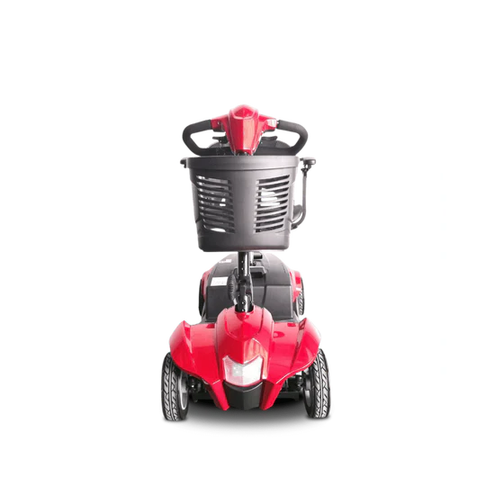 Red mobility scooter with a black basket on a white background
