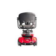 Red mobility scooter with a black seat on a white background
