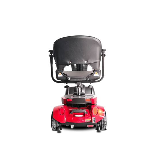Red mobility scooter with a black seat on a white background
