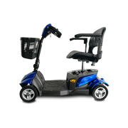 Blue and black mobility scooter with a basket on a white background