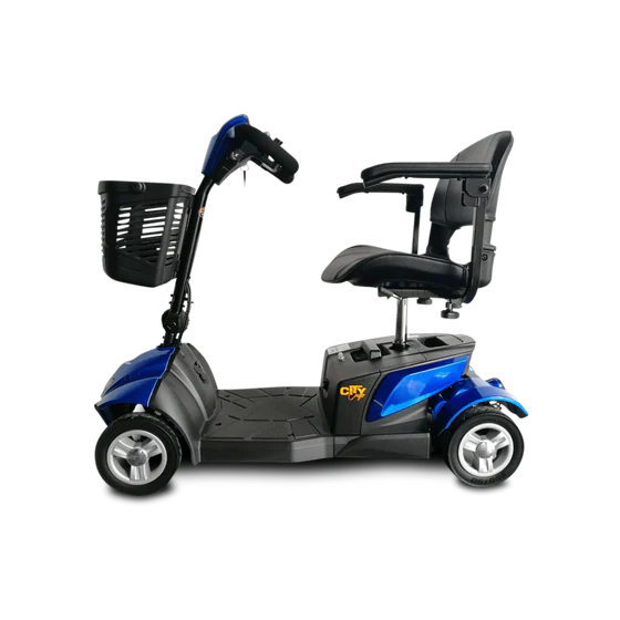 Blue and black mobility scooter with a basket on a white background