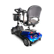Blue and black mobility scooter with a basket on a white background