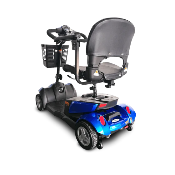 Blue and black mobility scooter with a basket on a white background