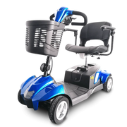 Blue and gray mobility scooter with a basket on a white background