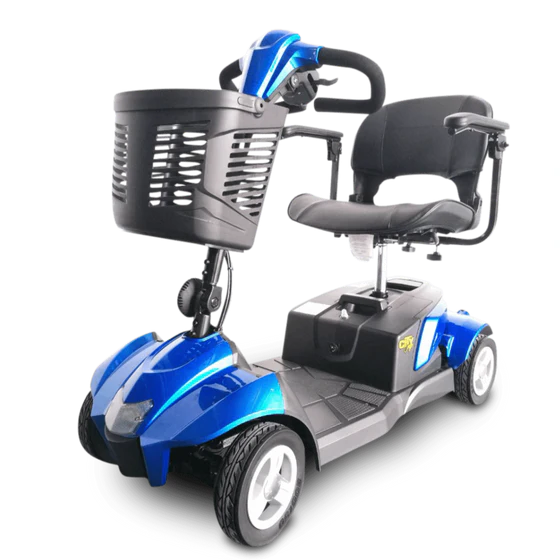Blue and gray mobility scooter with a basket on a white background