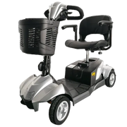 Mobility scooter with basket and seat on a white background