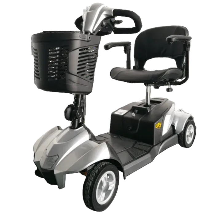 Mobility scooter with basket and seat on a white background