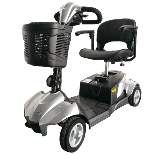 Mobility scooter with basket and seat on a white background
