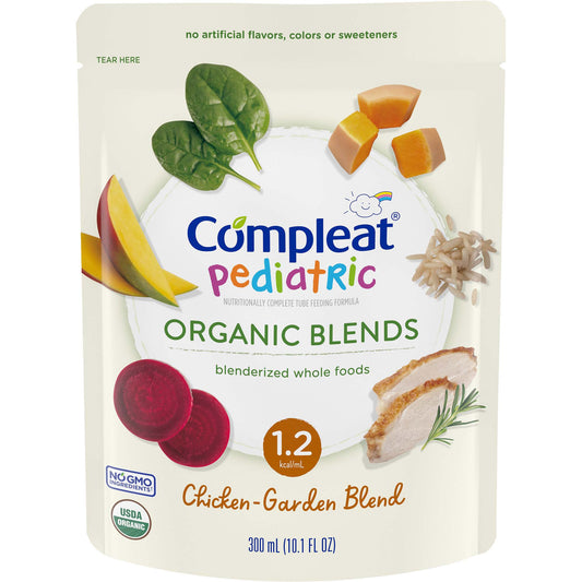 Compleat Pediatric Organic Blends package with chicken and garden blend on a white background