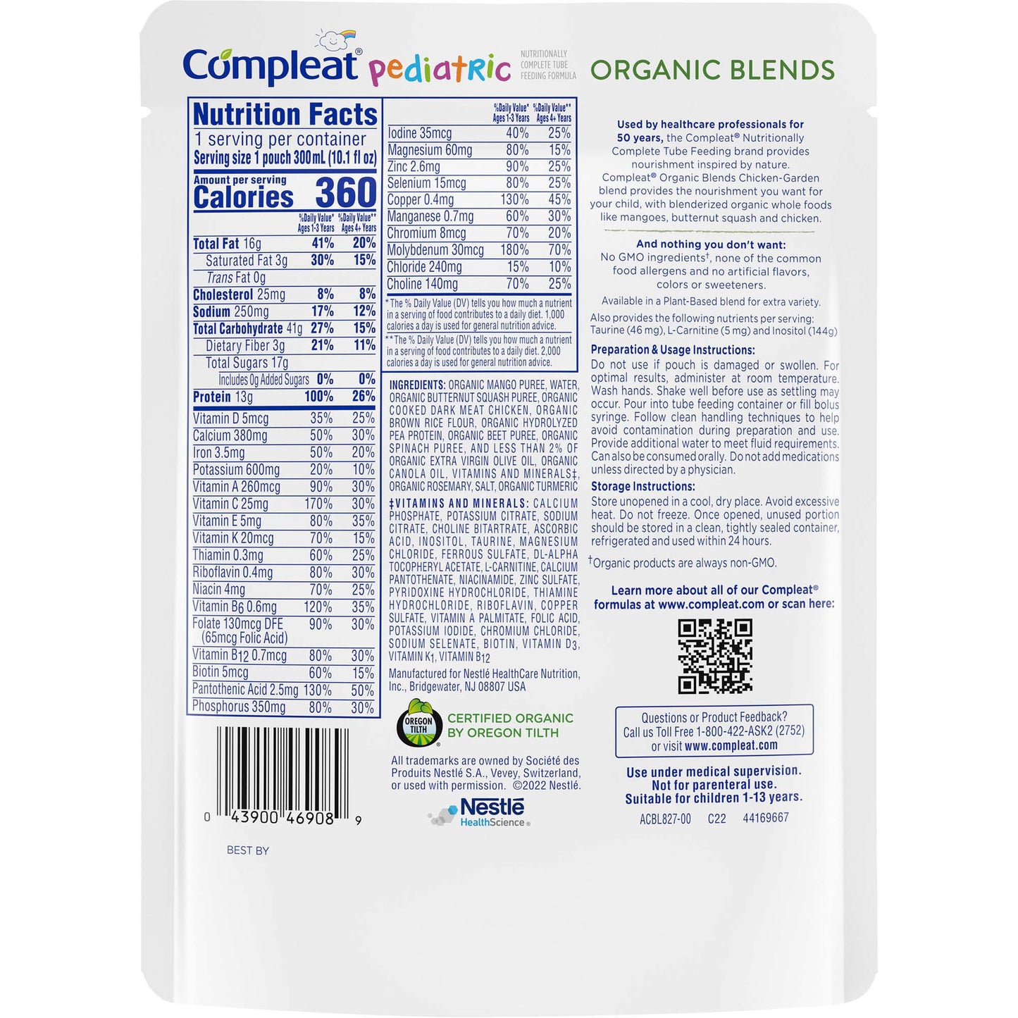 Back of a Compleat Pediatric Organic Blends package with nutrition facts and branding.