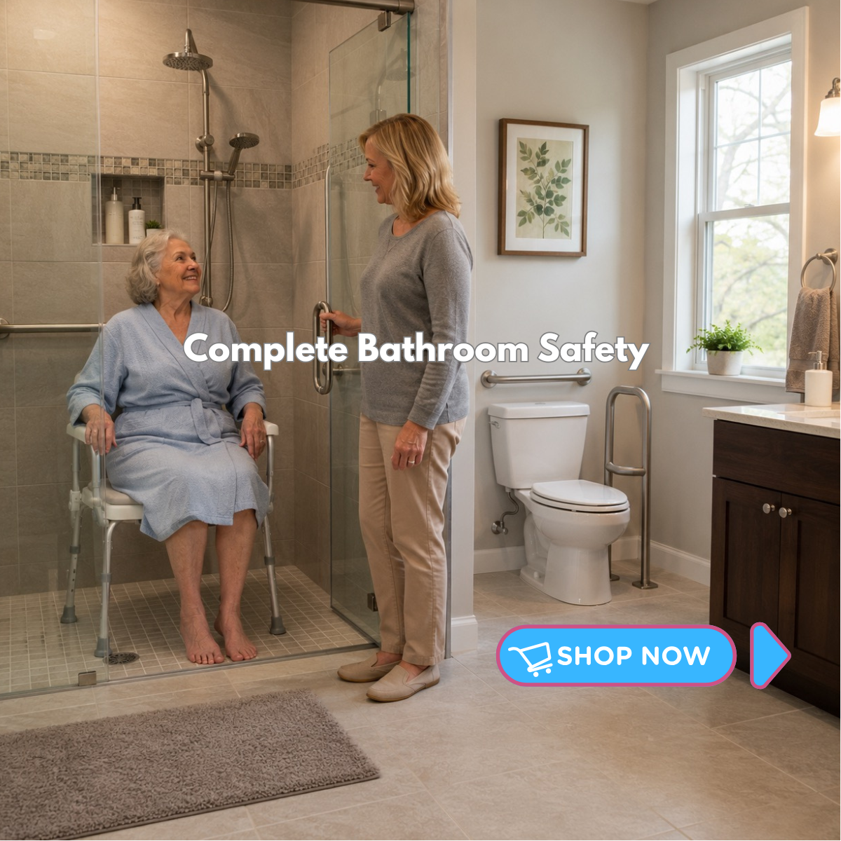 Bathroom with shower, toilet, and sink, featuring a woman assisting another woman using a chair.