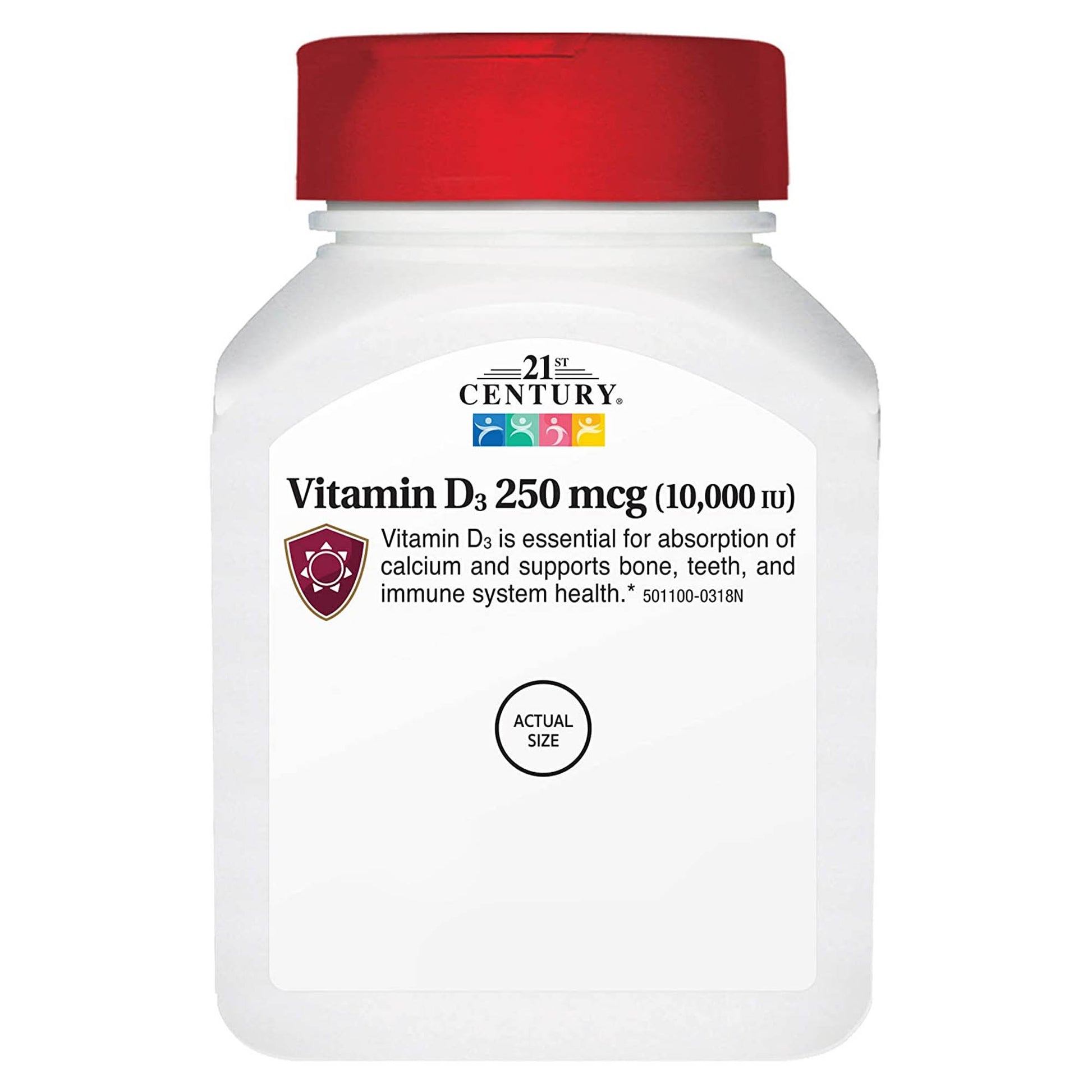 Vitamin D3 supplement bottle with red cap on a white background