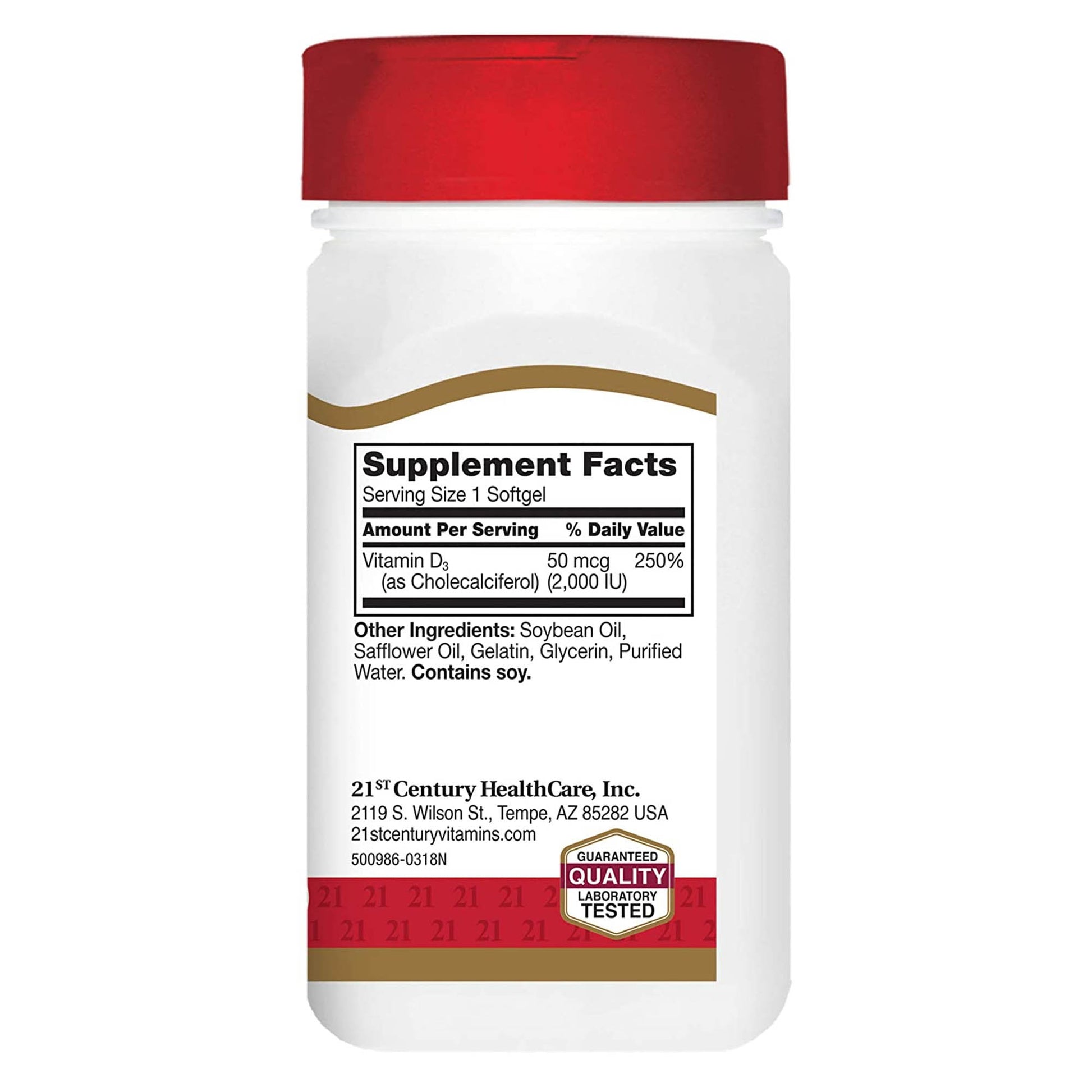 Supplement bottle with red cap and white label displaying supplement facts.