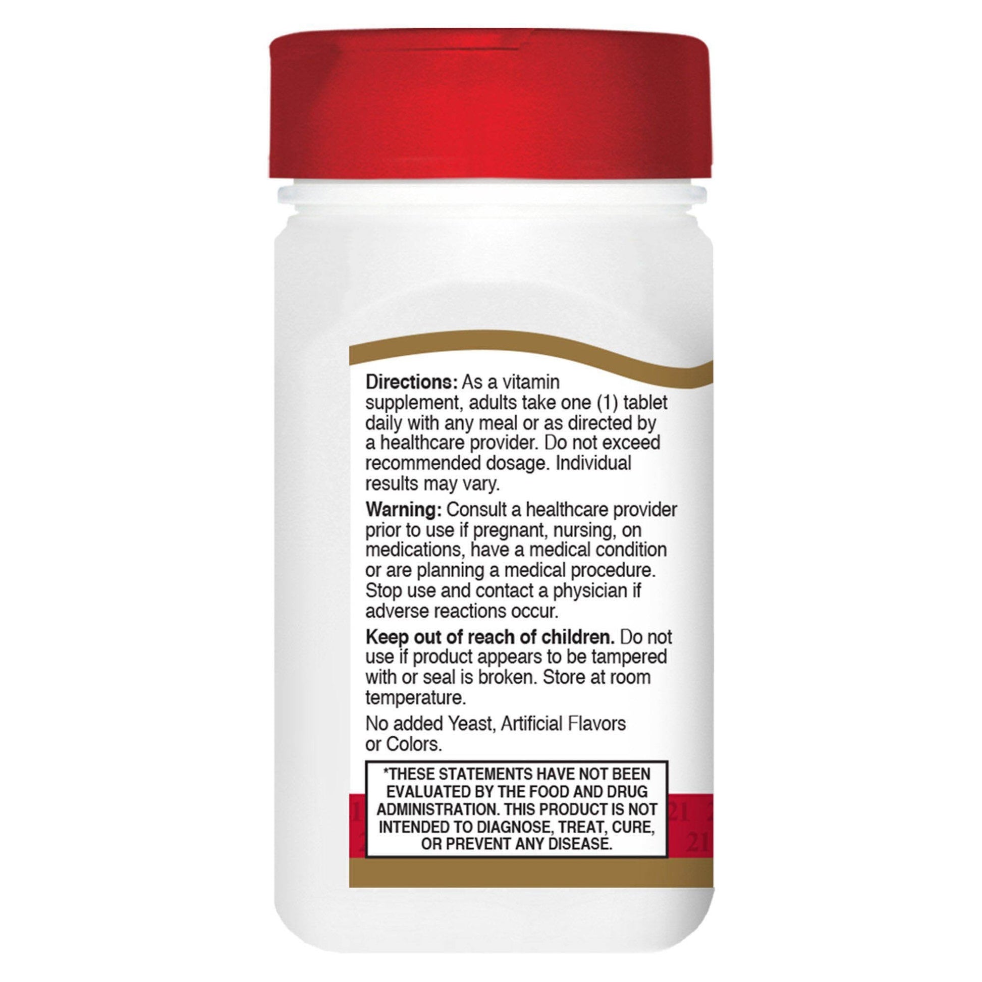 Vitamin supplement bottle with red cap and white label on a white background