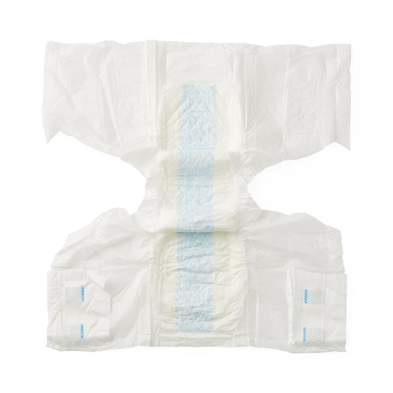 Pack of white disposable diapers with a blue stripe on a white background