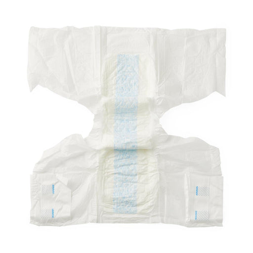 Pack of white disposable diapers with a blue stripe on a white background