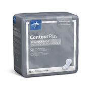 A package of Medline ContourPlus bladder pads, shown as a square gray box with a single pad illustration on the front, photographed on a clean white background.