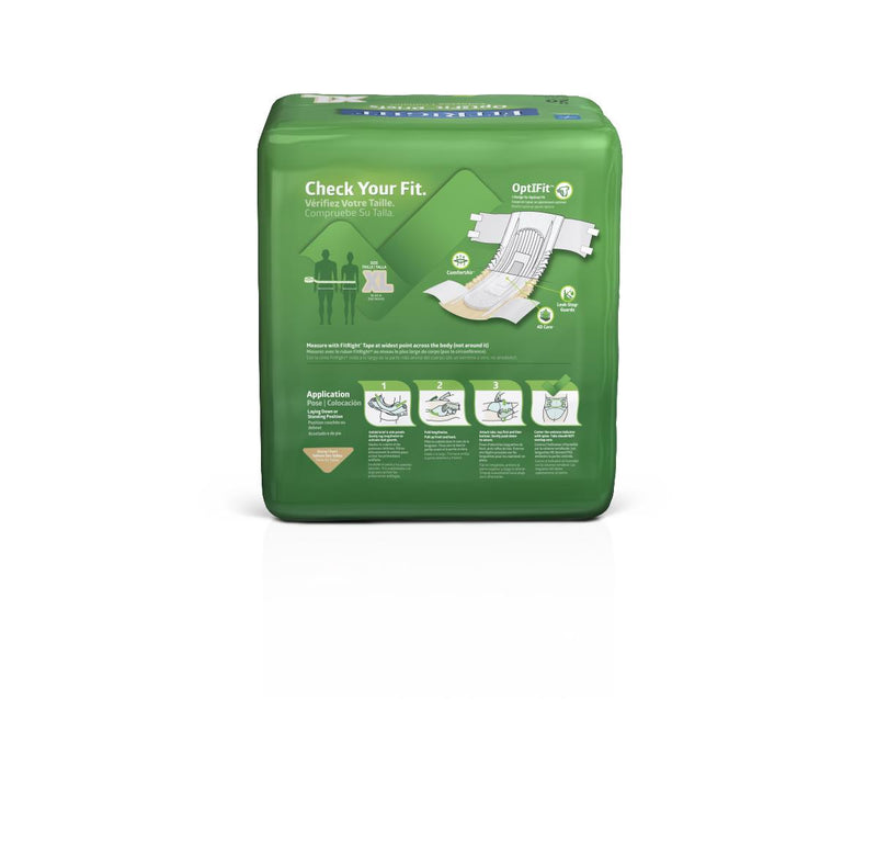 Green package of Optifit adult diaper with instructions on a white background