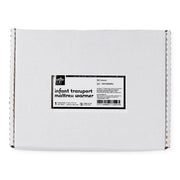 A white corrugated cardboard box with a central black and white label reading 'infant transport matress warmer' and a barcode, photographed on a plain white background.