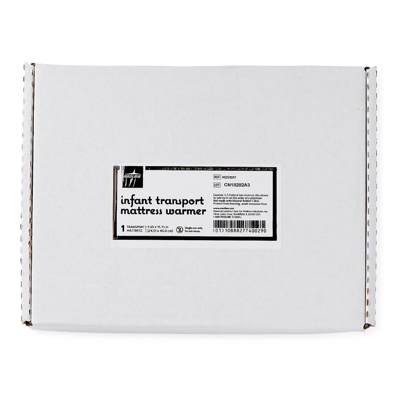 A white corrugated cardboard box with a central black and white label reading 'infant transport matress warmer' and a barcode, photographed on a plain white background.