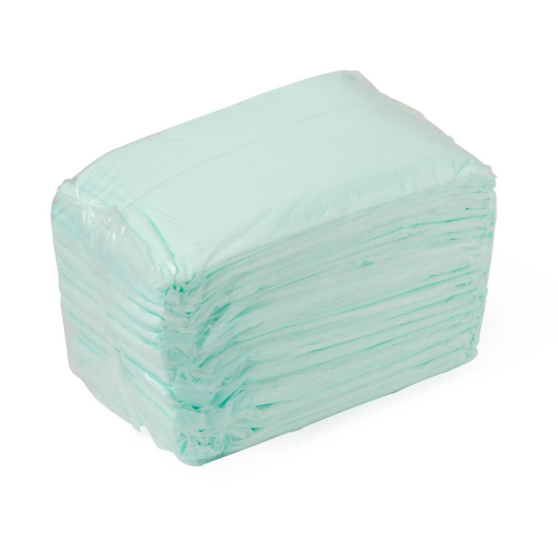 Stack of light blue disposable underpads on a white background