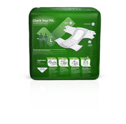 Green package of incontinence products with instructions on a white background