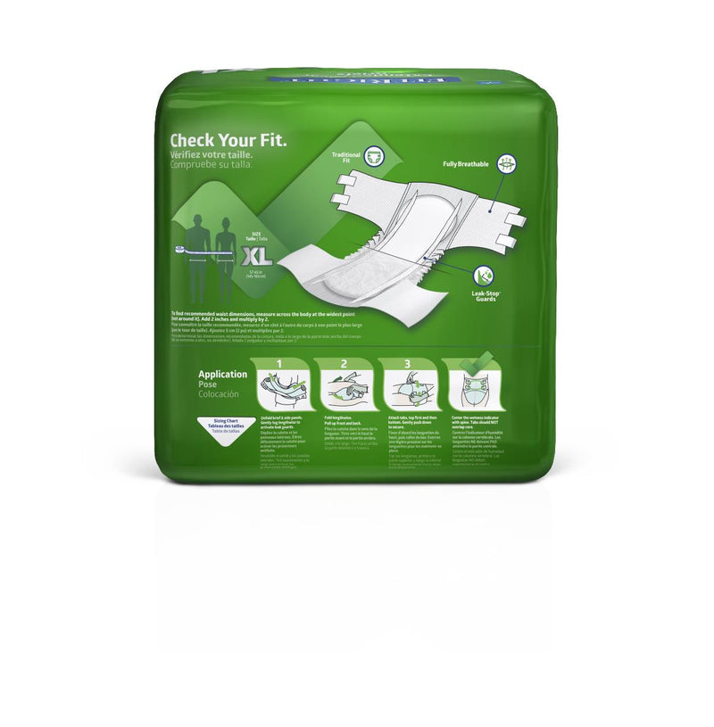 Green package of adult diapers with instructions on a white background
